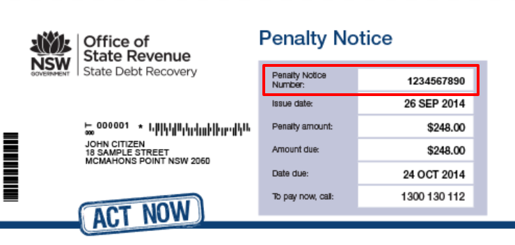 Sample of a penalty notice, highlighting the Penalty Notice Number in the top right of the document.